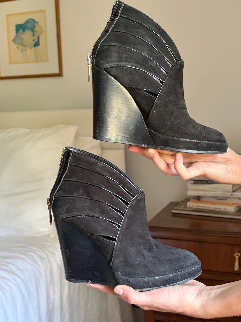 Donald J. Pliner Black Suede Wedge Ankle Booties with Back Zippers